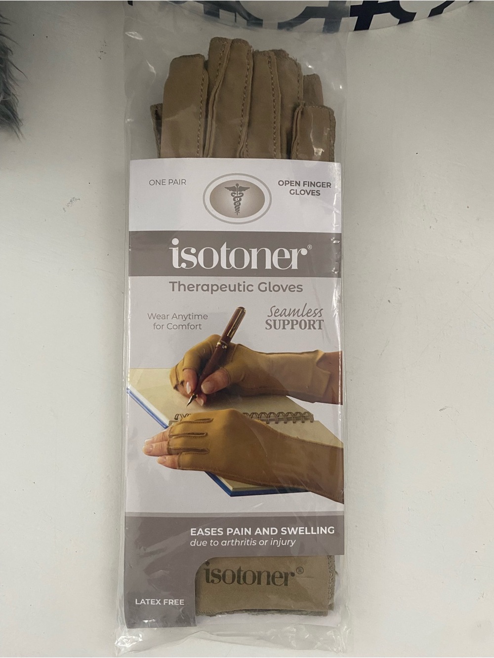 isotoner Therapeutic Open-Finger Gloves in Tan Size Large